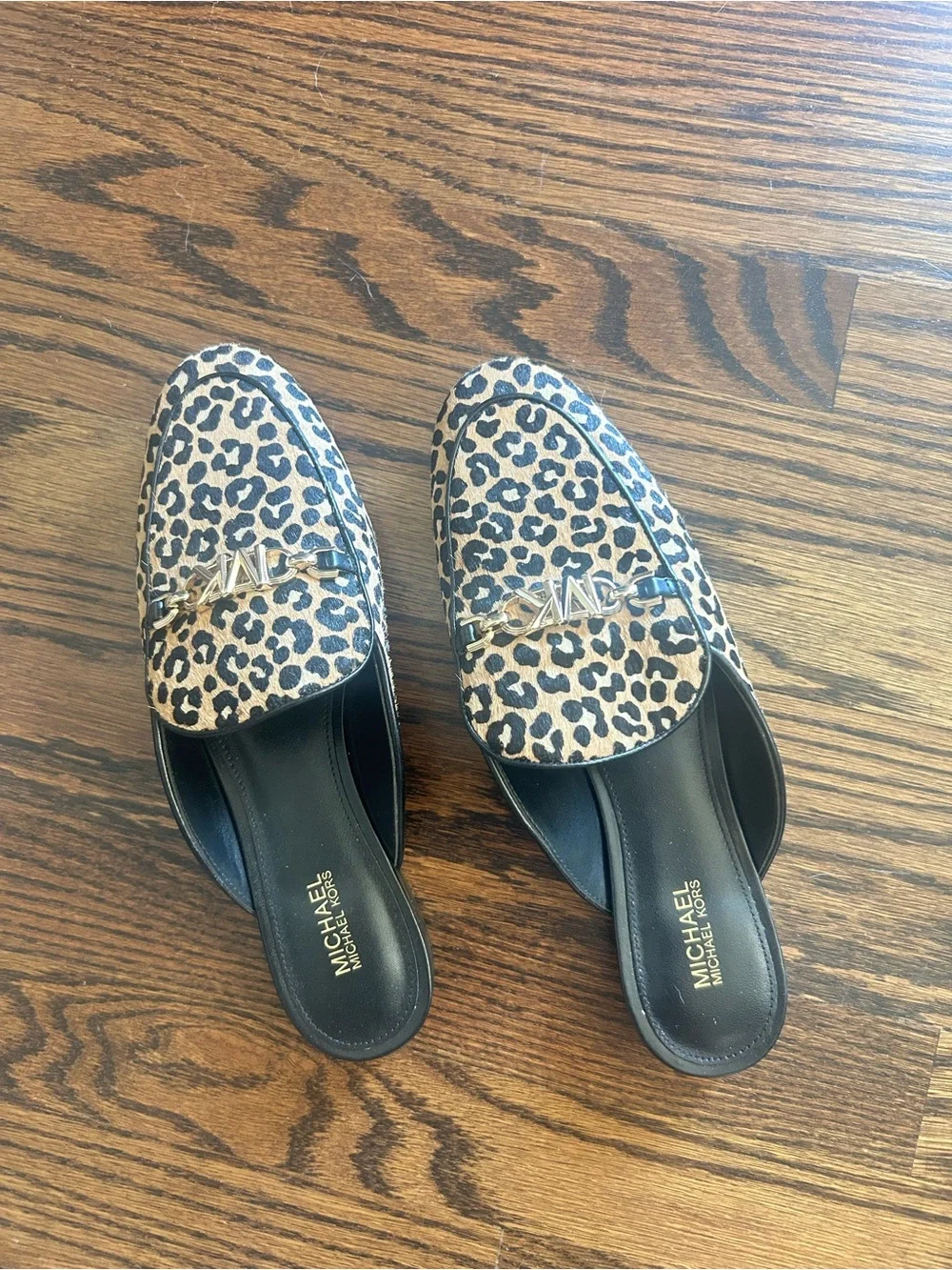 Michael Kors Leopard-Print Mule with Gold Chain Accent - Tan/Black
